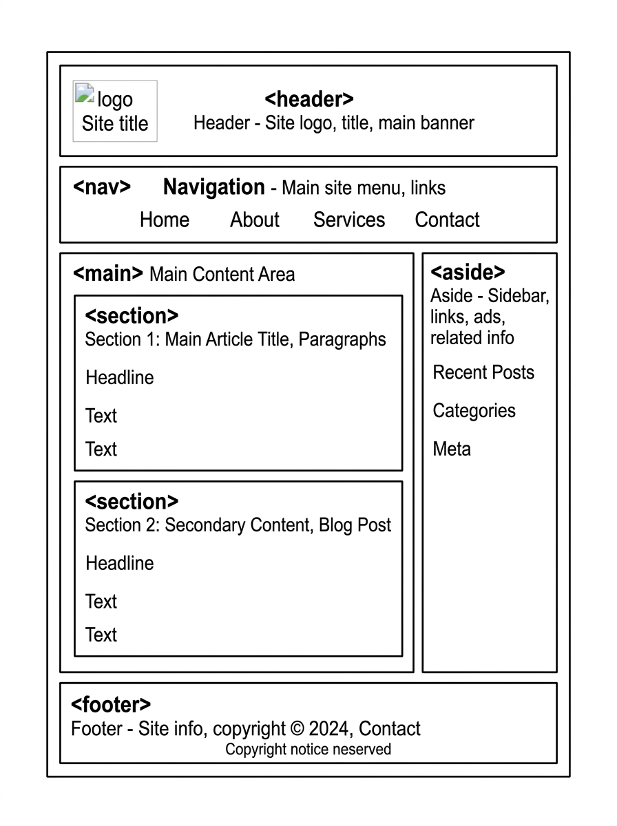 HTML5 Semantic Layout showing Header, Nav, Section, Aside, and Footer regions