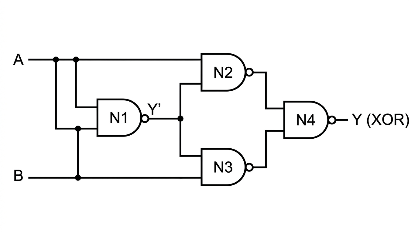 NAND গেট দিয়ে XOR গেট বাস্তবায়নের সার্কিট ডায়াগ্রাম