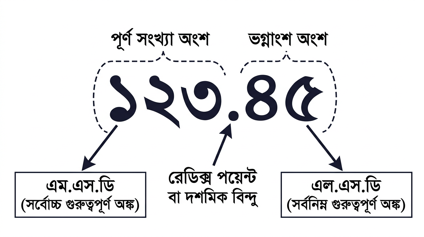 পজিশনাল সংখ্যার বিভিন্ন অংশ: MSD, LSD এবং র‍্যাডিক্স পয়েন্ট