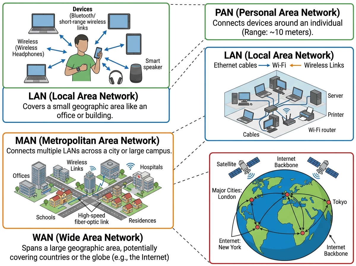 PAN, LAN, MAN, এবং WAN এর তুলনা