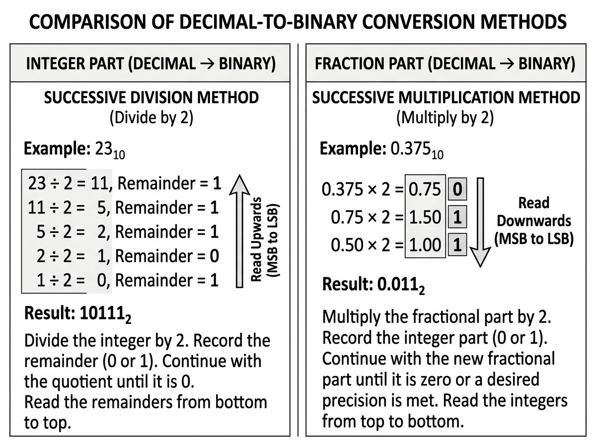 Decimal to Binary Conversion Process showing Division and Multiplication